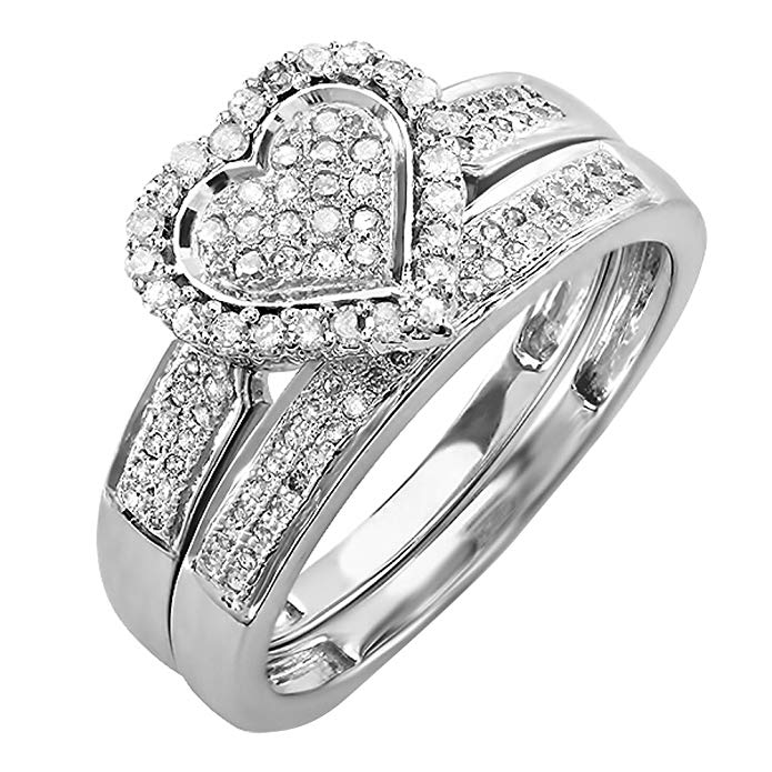 0.38 Carat (ctw) 10K White Gold Diamond Bridal Heart Shape Engagement Ring Band Set