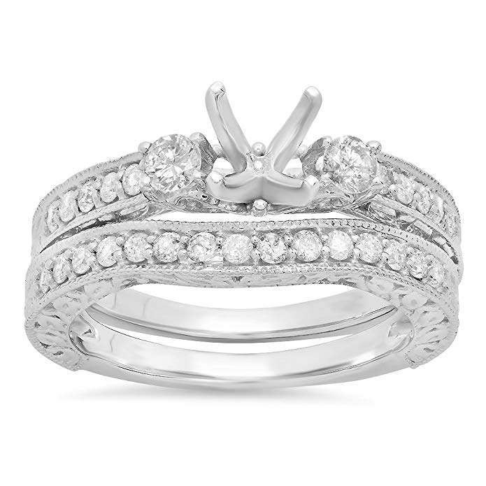 0.75 Carat (ctw) 14k White Gold Round Diamond Bridal Engagement Semi Mount Ring Set (No Center Stone)