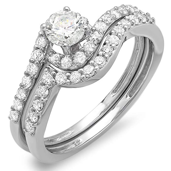 0.85 Carat (ctw) 14k White Gold Round Diamond Ladies Swirl Bridal Ring Engagement Matching Band Set
