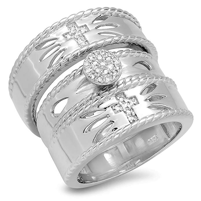 0.15 Carat (ctw) Sterling Silver Round Diamond Men & Women's Vintage Cross Design Ring Trio Bridal Set