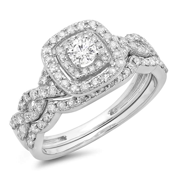 0.95 Carat (ctw) 14K Gold Round White Diamond Swirl Bridal Split Shank Halo Engagement Ring Set 1 CT