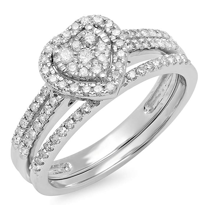 0.50 Carat (ctw) 10K Gold Round Diamond Split Shank Heart Shaped Bridal Engagement Ring Band Set 1/2 CT
