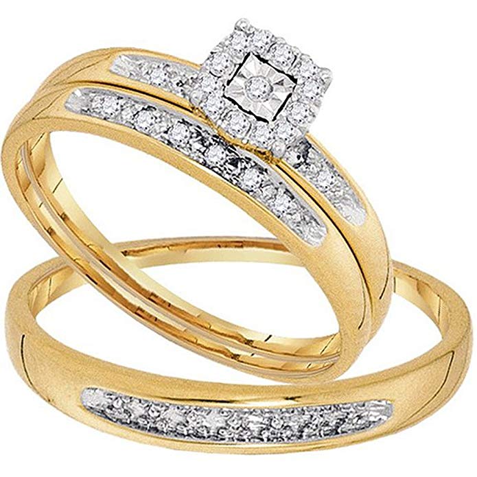 0.08 Carat (ctw) 10K Yellow Gold Round White Diamond Men & Women Cluster Engagement Ring Trio Bridal Set