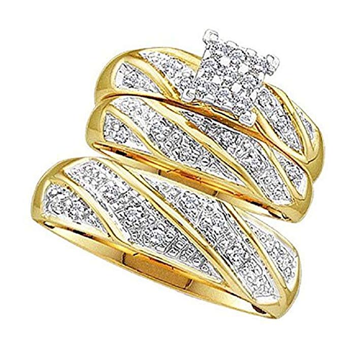 Silvernshine Jewels His & Her 1/3 ct Diamond 14k Yellow Gold Fn Princess Shape Trio Wedding Ring Set