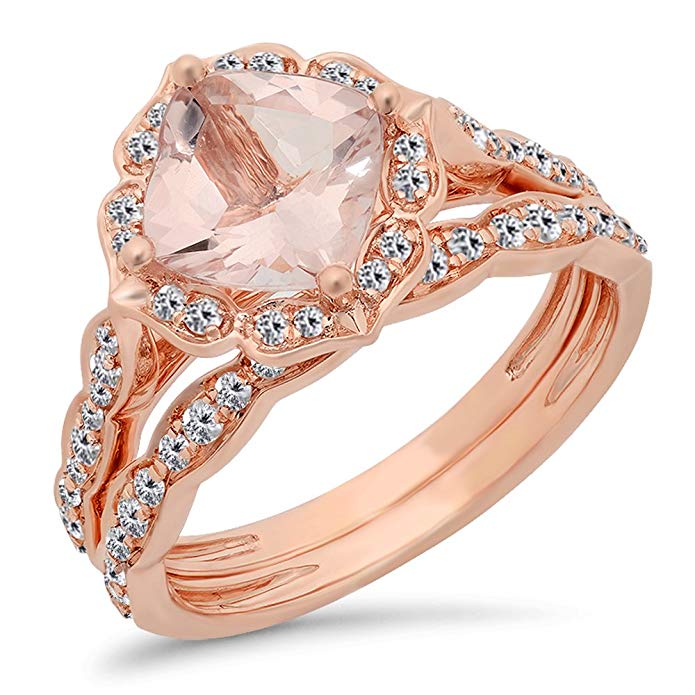14K Rose Gold 7.5 MM Cushion Gemstone & Round Diamond Ladies Bridal Engagement Ring With Band Set