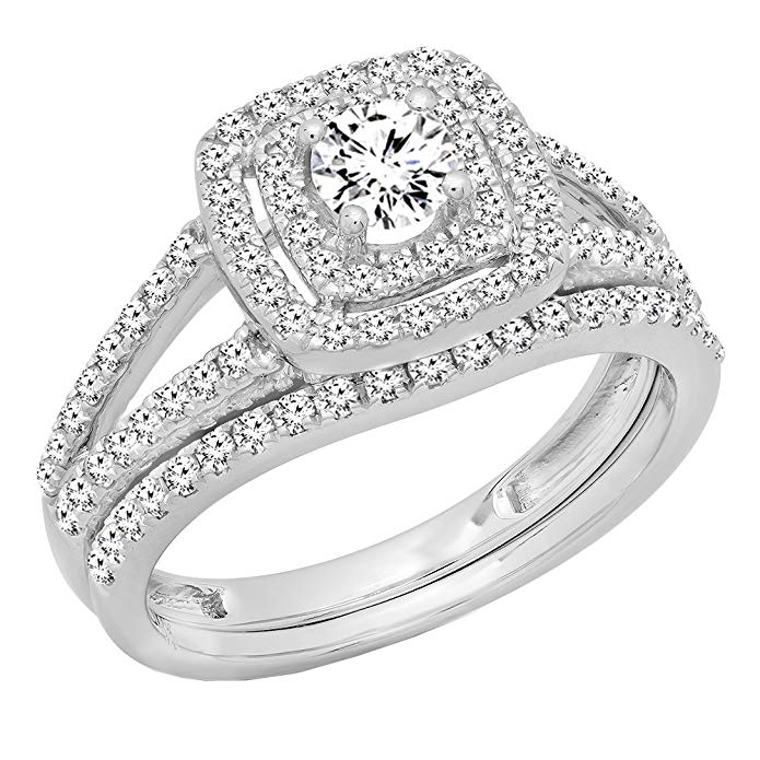 Dazzlingrock Collection 1.00 Carat (ctw) 10K Gold Round Diamond Split Shank Halo Engagement Ring Set 1 CT