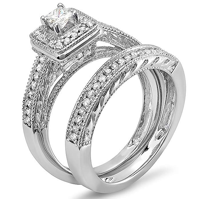 0.75 Carat (ctw) 14k White Gold Princess & Round Diamond Ladies Bridal Ring Set Halo Style Set 3/4 CT