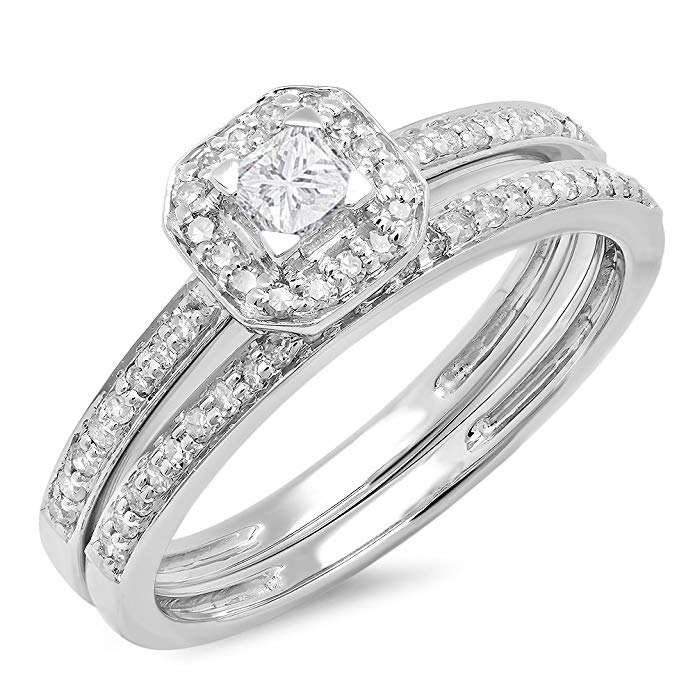 0.55 Carat (ctw) 14K Gold Diamond Ladies Halo Engagement Bridal Ring With Matching Band Set 1/2 CT