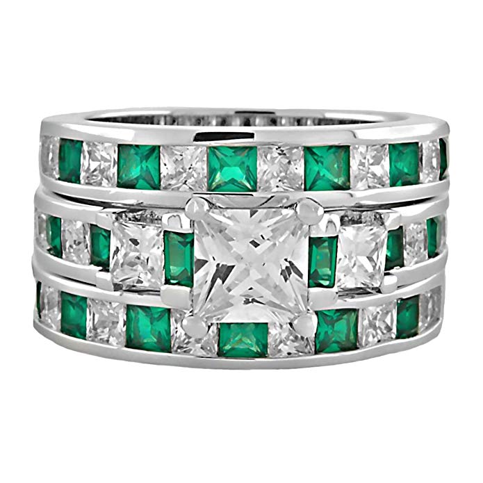 Olympia 3: 6.56ct Simulated Emerald & IOF CZ 3pc Wedding Ring Set 925 Silver, 3023-3024