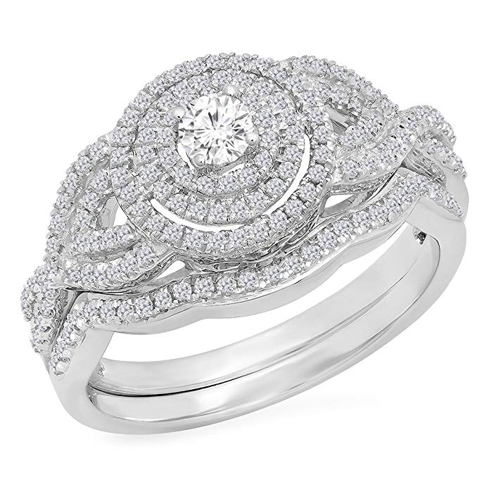 Dazzlingrock Collection 0.55 Carat (Ctw) 10K Gold Round White Diamond Bridal Halo Style Split Shank Engagement Ring Set 1/2 CT