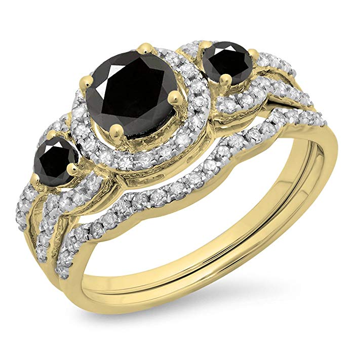 Dazzlingrock Collection 1.40 Carat (ctw) 14K Gold Round Black & White Diamond Ladies 3 Stone Halo Bridal Engagement Ring Set