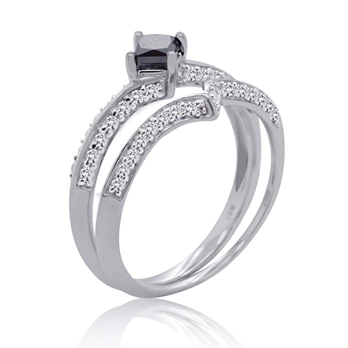1/2 CTTW 10KT White Gold Black Princess Solitaire and White Diamond Engagement Ring Set