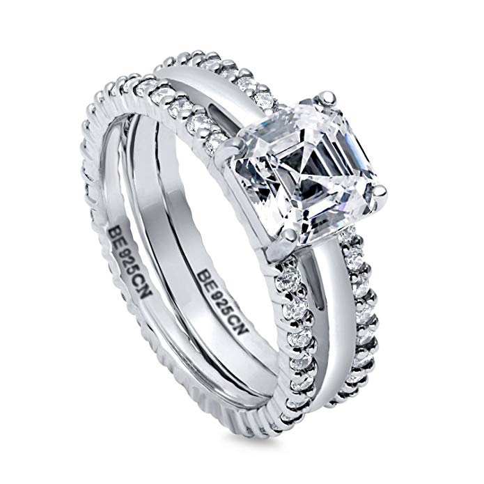 BERRICLE Rhodium Plated Sterling Silver Asscher Cut Cubic Zirconia CZ Solitaire Engagement Ring Set