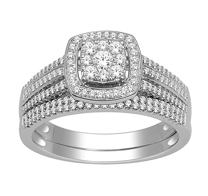 Midwest Jewellery White Gold Engagement Ring and Band Set Halo Style Cushion Shaped 2pc Set 0.50ctw 10K Bridal Set