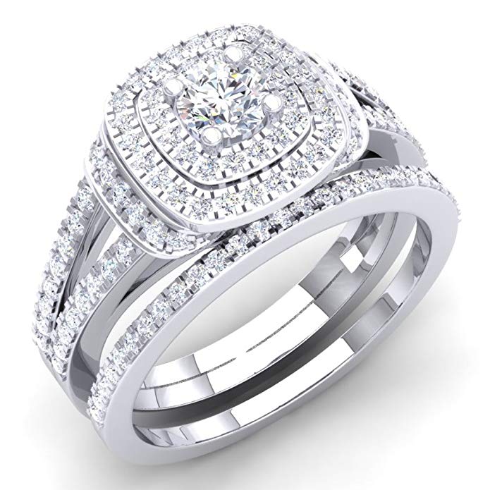 Dazzlingrock Collection 1.00 Carat (Ctw) 14K Gold Round Diamond Ladies Bridal Halo Engagement Ring with Matching Band Set 1 CT
