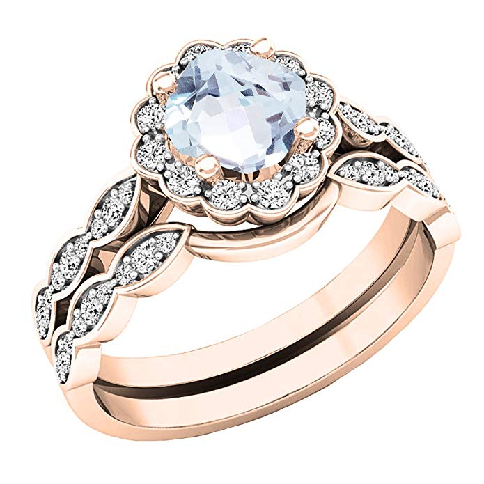 14K Rose Gold 5.5 MM Cushion Gemstone & Round Diamond Ladies Halo Style Engagement Ring Set