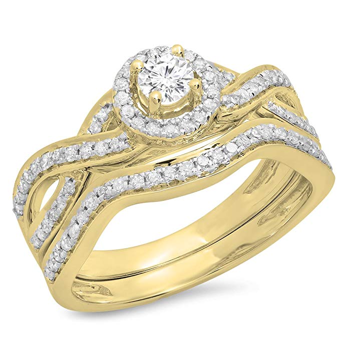 0.60 Carat (ctw) 14K Gold Round White Diamond Bridal Swirl Halo Style Split Shank Engagement Ring Set