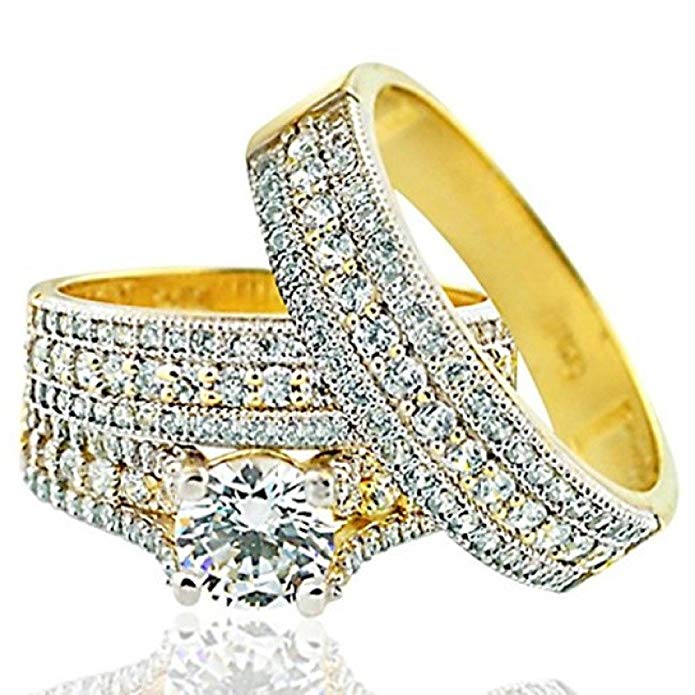 TVS-JEWELS Trio Set His Hers Matching Engagement Ring Wedding Band in 14K Gold Plated 925 Silver