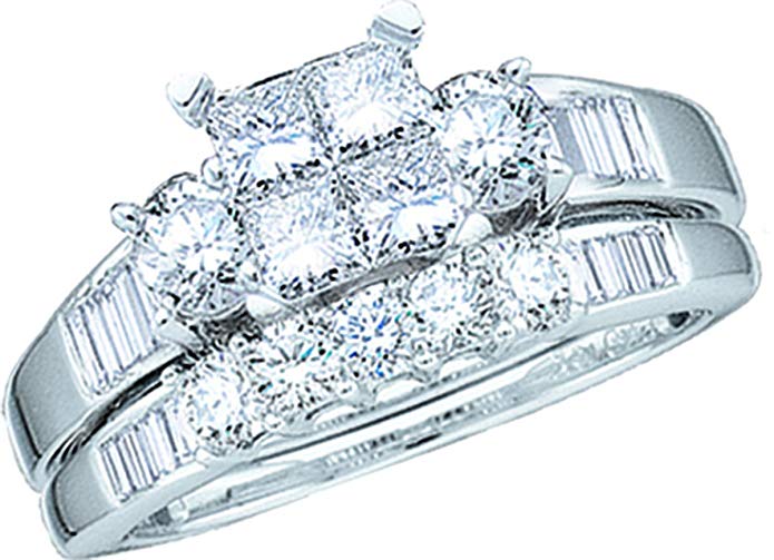 10K White Gold .53ct Diamond Ladies Bridal Wedding Ring set. Center Setting is 4 Invisible Set Princess Cut stones matching Wedding Band Size - 7