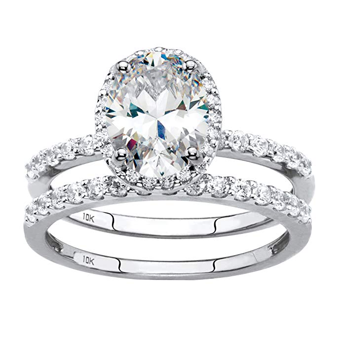 Solid 10K White Gold Oval Cut Cubic Zirconia 2-Piece Bridal Ring Set