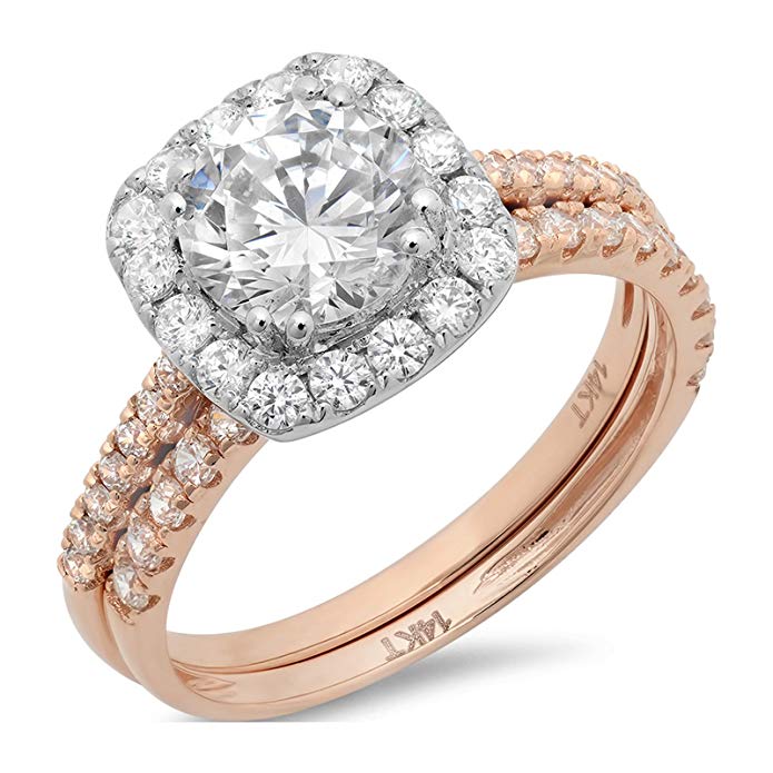 Clara Pucci 1.9 CT Round Cut Pave Halo Bridal Engagement Wedding Ring band set 14k Rose White Gold