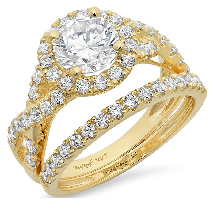 2.6 Ct Round Cut Pave Halo Engagement Promise Wedding Bridal Anniversary Ring Band Set 14K Yellow Gold, Clara Pucci