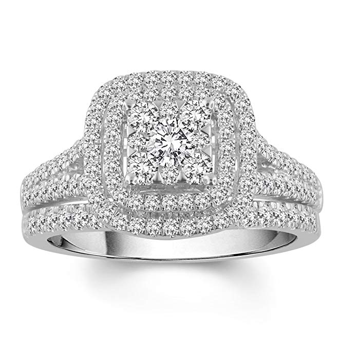 1.00 Cttw Square Frame Diamond Bridal Ring set in 10K White Gold